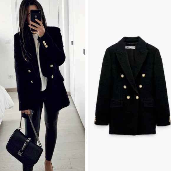 COPY - ZARA WOMEN NEW DOUBLE BREASTED TEXTURED WEAVE BLAZER BLACK 2761/257 XS - Picture 1 of 13